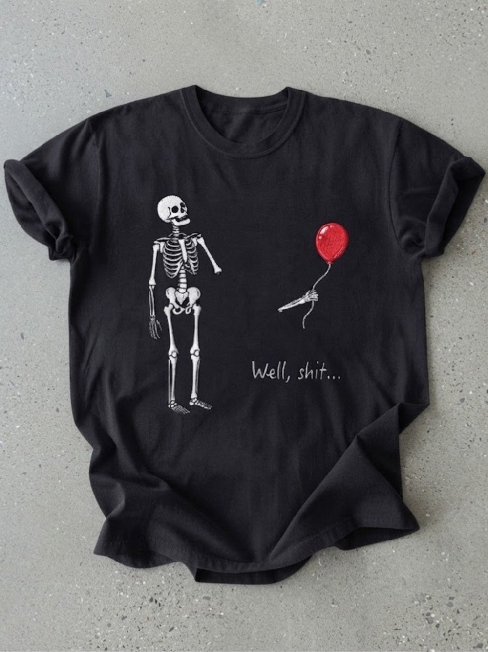 Gildan Black Short-Sleeve Tee with White Skeleton and Red Balloon